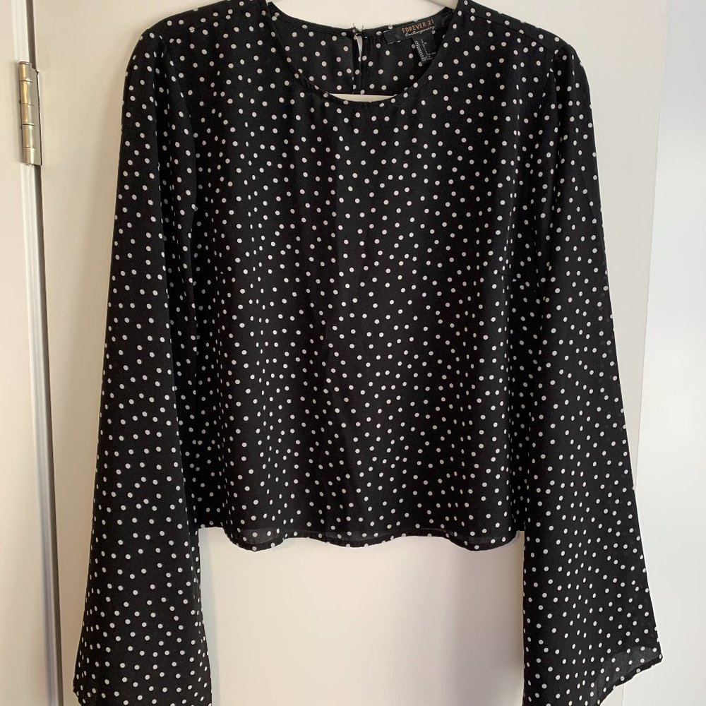 Black and white polka dot top with bell sleeves